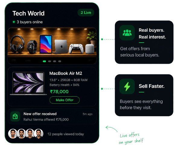 SnapShelf live shelf with listings, buyer offers, and real-time shop activity